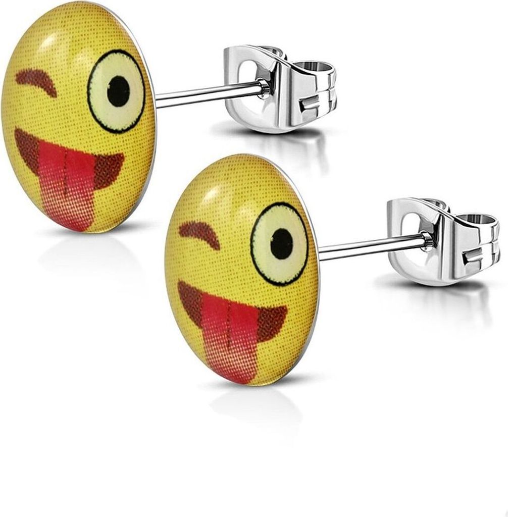 Ohrstecker rund Smiley silber aus Edelstahl Uni zwinkernd