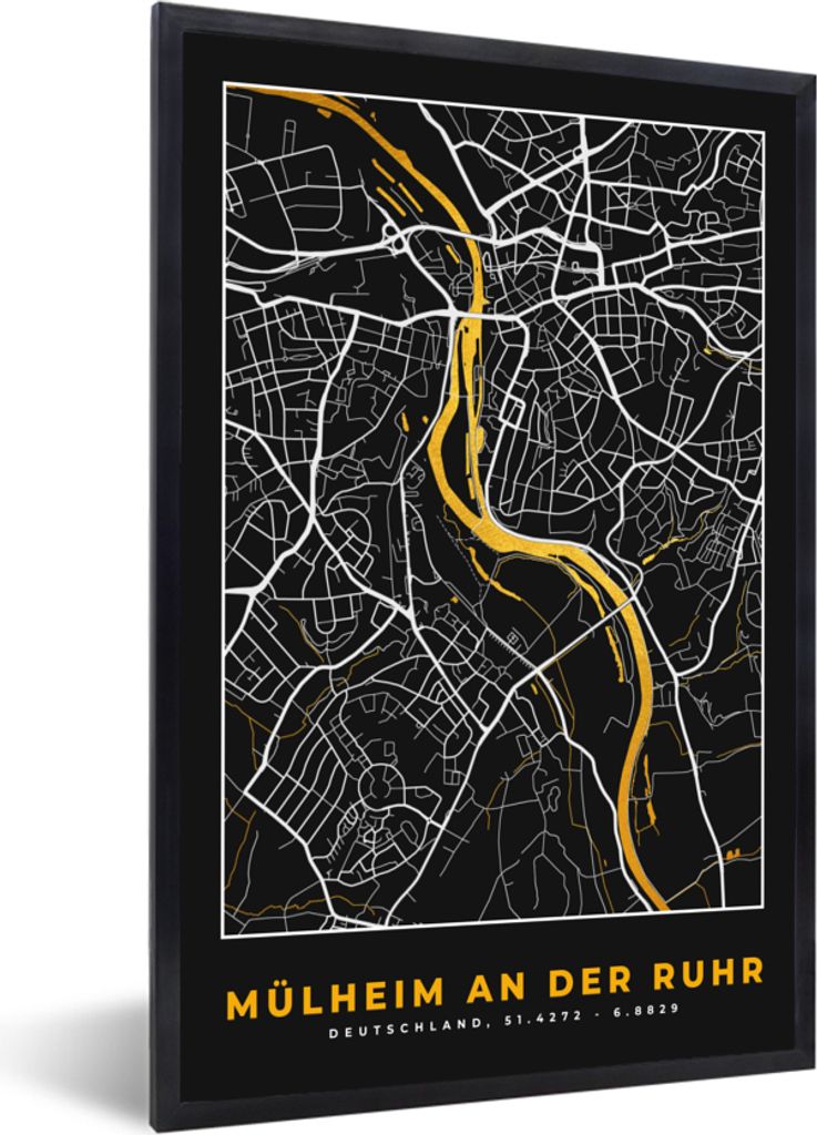 MuchoWow Gerahmtes Poster Mülheim an der Ruhr - Gold - Stadtplan - Karte - Deutschland 20x30 cm - Poster mit Schwarzem Bilderrahmen Wandposter R...