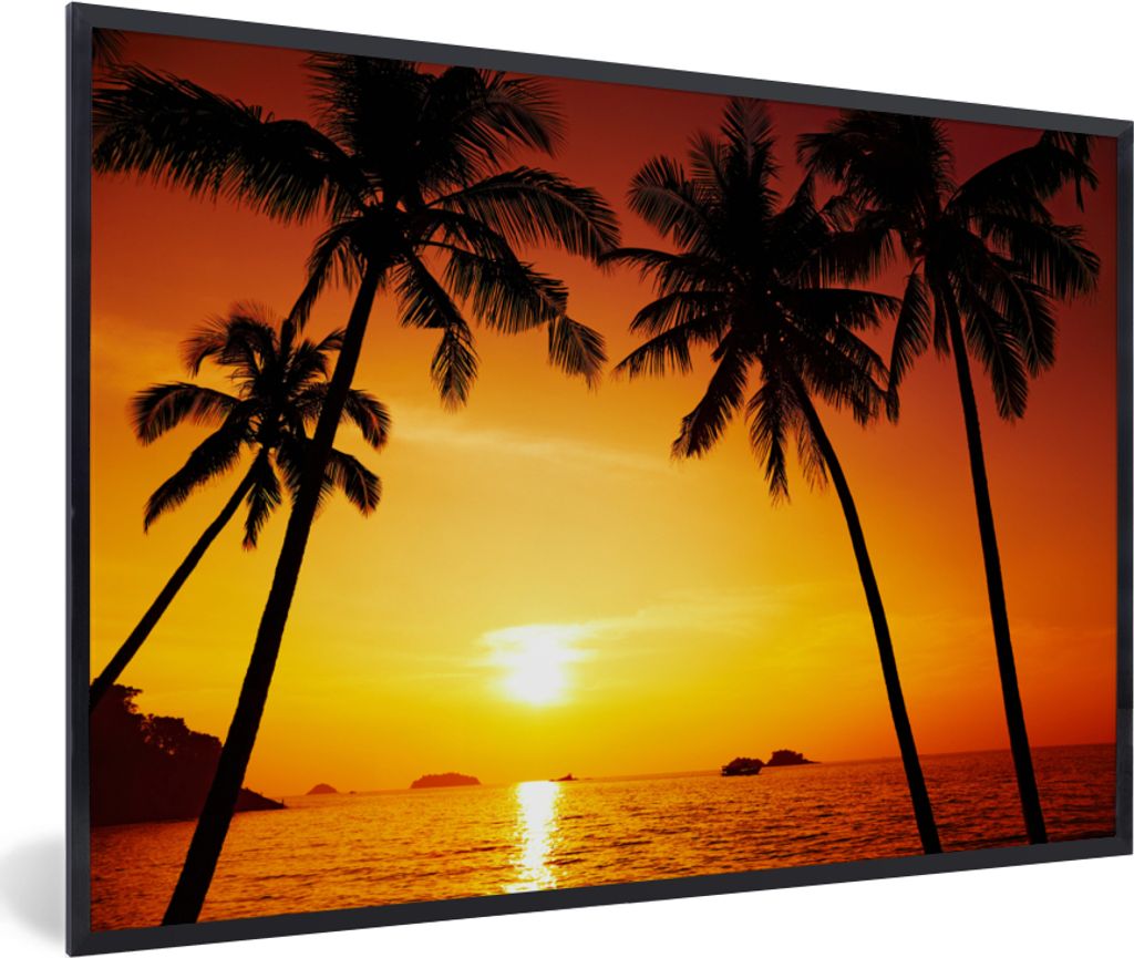 MuchoWow Gerahmtes Poster Palme - Sonnenuntergang - Strand - Orange - Tropisch 60x40 cm - Poster mit Schwarzem Bilderrahmen Wandposter Rahmen Fot...