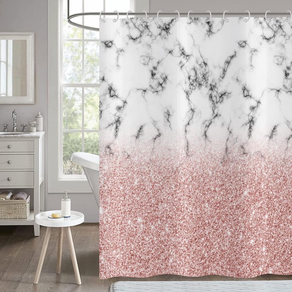 Pinkfarbener Duschvorhang 180x180 cm, Duschvorhang mit roségoldenem Glitzer, grau-weißer Duschvorhang in Marmoroptik, abstrakte moderne Luxuskuns...