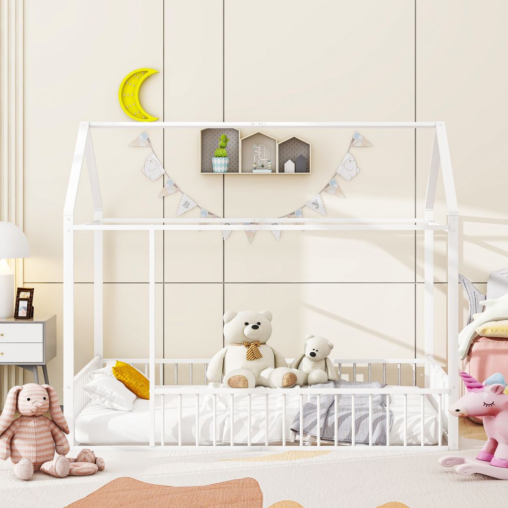 Kinderbett mit Rausfallschutz, 140x200 cm, Metallbett, Hausbett, Doppelbett, Jugendbett