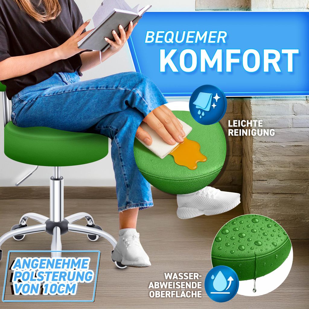 TRESKO, sgabello girevole da lavoro, per estetiste, per studi, regolabile in altezza, con ruote, girevole a 360°, superficie imbottita da 10 cm e 8 colori
