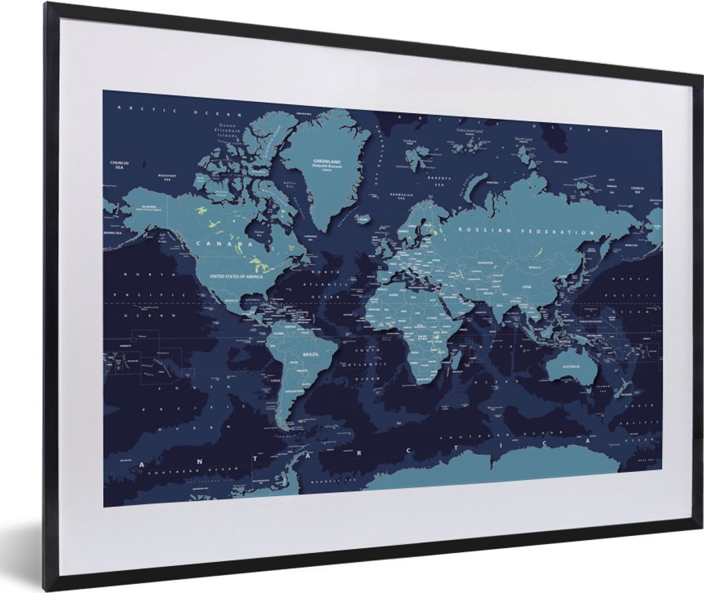 MuchoWow MuchoWow Gerahmtes Poster Weltkarte - Abstrakt - Blau 60x40 cm - Poster mit zchwarzem Bilderrahmen - Schlafzimmer - Plakat in Rahmen -...