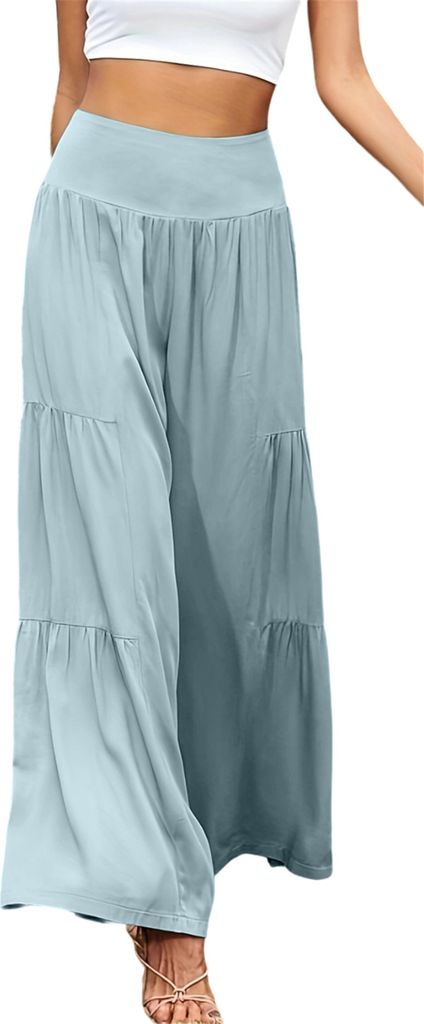 ASKSA Damen Leinenhose Sommer Elegant Hohe Taille Weites Bein Freizeithose Leichte Hosen, Hellgruen, Groesse: L