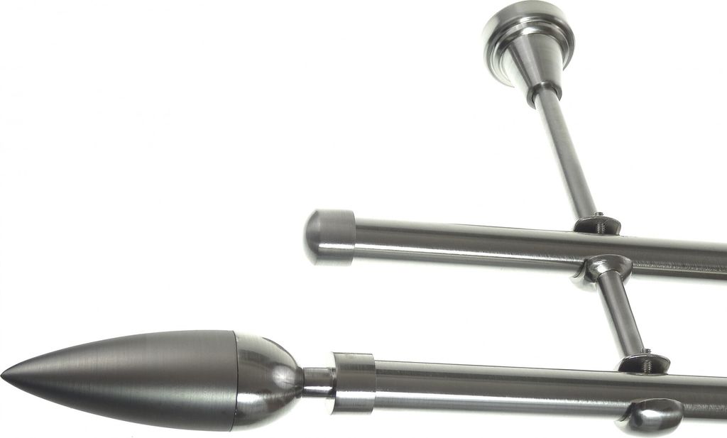 Gardinenstange Set Edelstahl Look Metall Ø 16mm zur Wandbefestigung 2-lauf Spitze, Länge wählbar H24 E10 E17