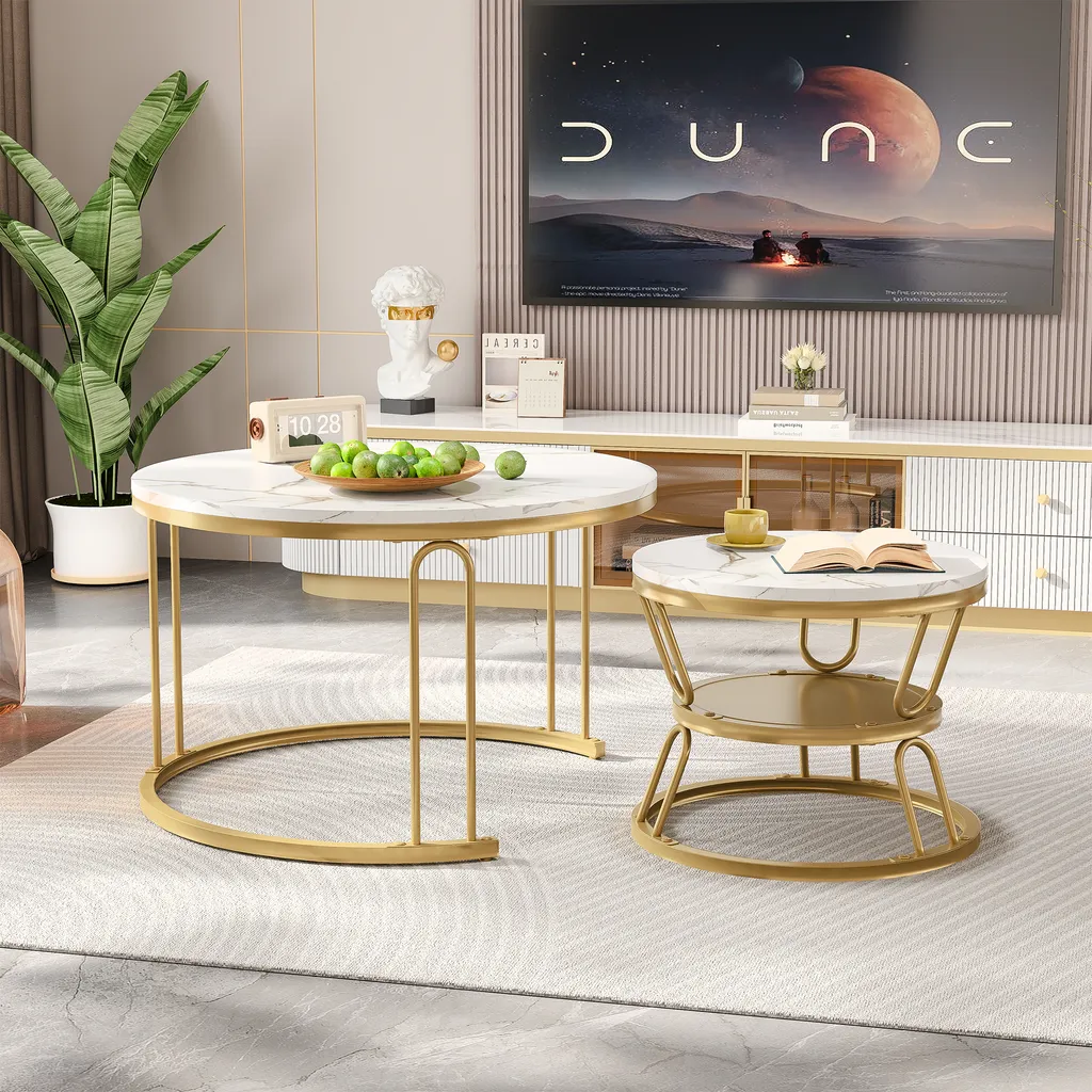 Tavolini Rotondi Incastrabili CDGlobal Marmo Bianco e Oro Style Moderno