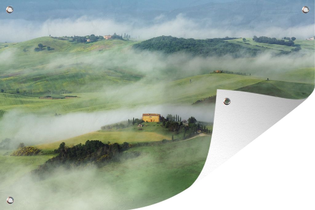 MuchoWow 90x60 cm Outdoor-Poster Gartendeko Sichtschutz Garten Poster für den Garten Berg - Nebel - Landschaft - Toskana