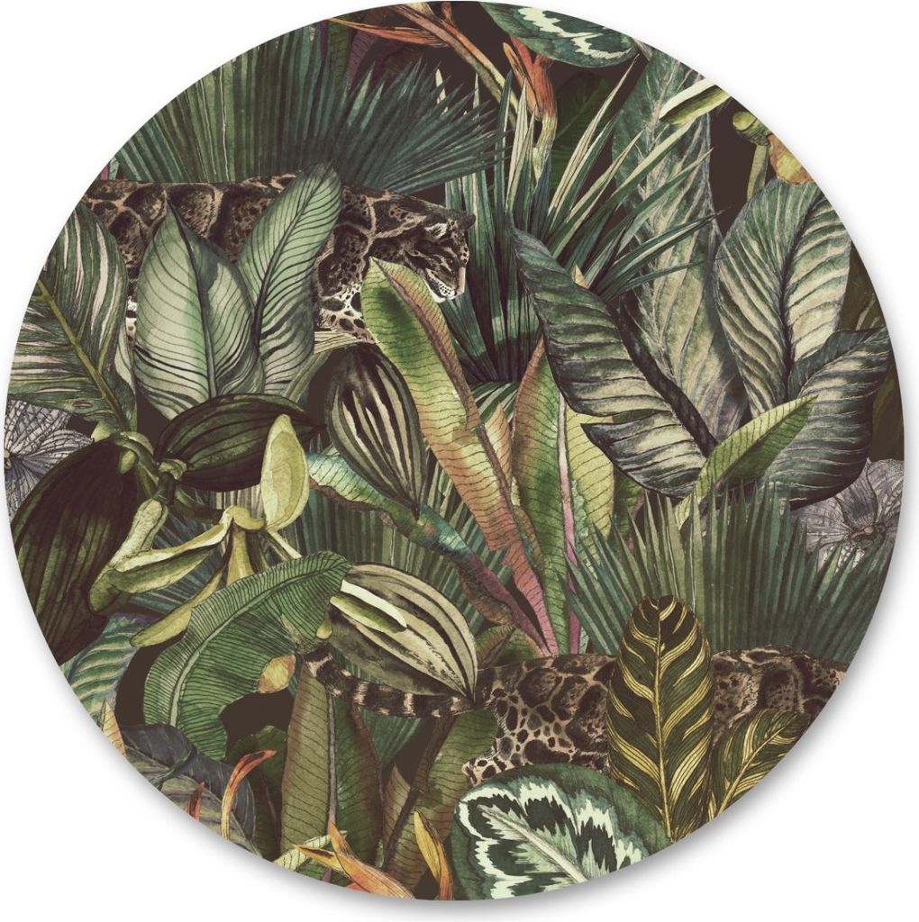 Sticker RUND Leoparden Tiere Pflanzen Blätter Dschungel Natur Wohnzimmer Schlafzimmer Wandtattoo Aufkleber 100 cm x 100 cm