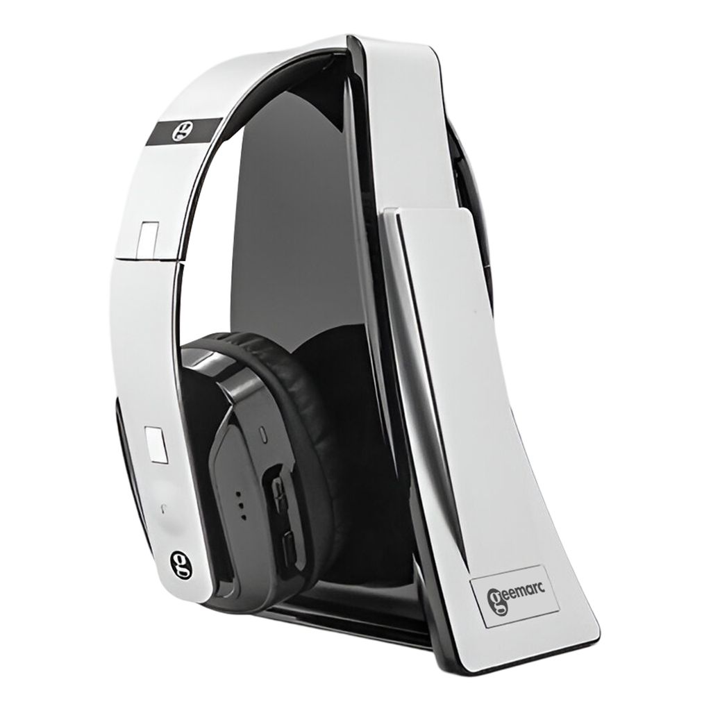 A pair of white and black wireless headphones with a charging stand.