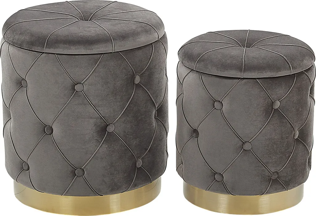 Pouf coffre de rangement capitonné en velours gris et socle doré