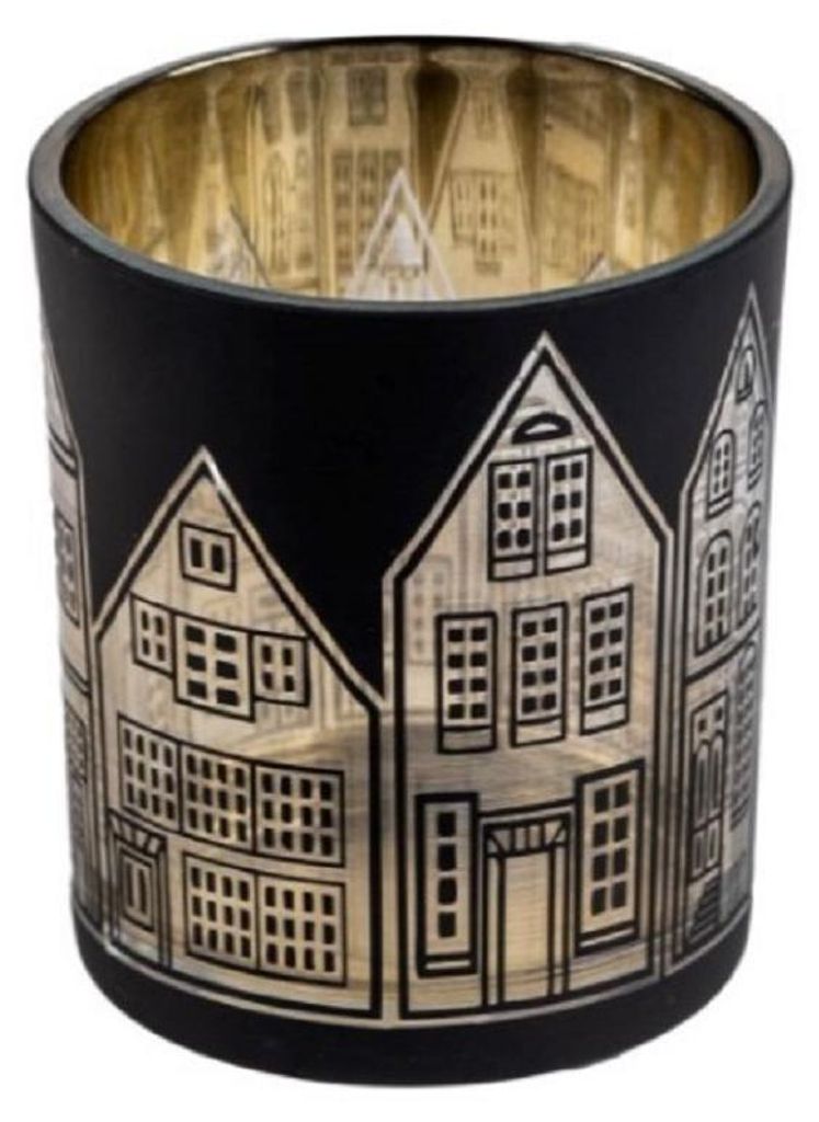 SANDRA RICH Teelichtlgas "Häuserzeile" Windlicht 8cm SCHWARZ / GOLD