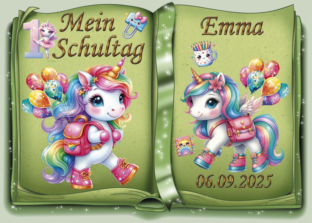Tortenaufleger Tortendeko Fototorte Tortenbild Einhorn Regenbogen Einschulung Schulanfang 1. Schultag Schuleinführung SE07 (Zuckerpapier) DIN A5 o...