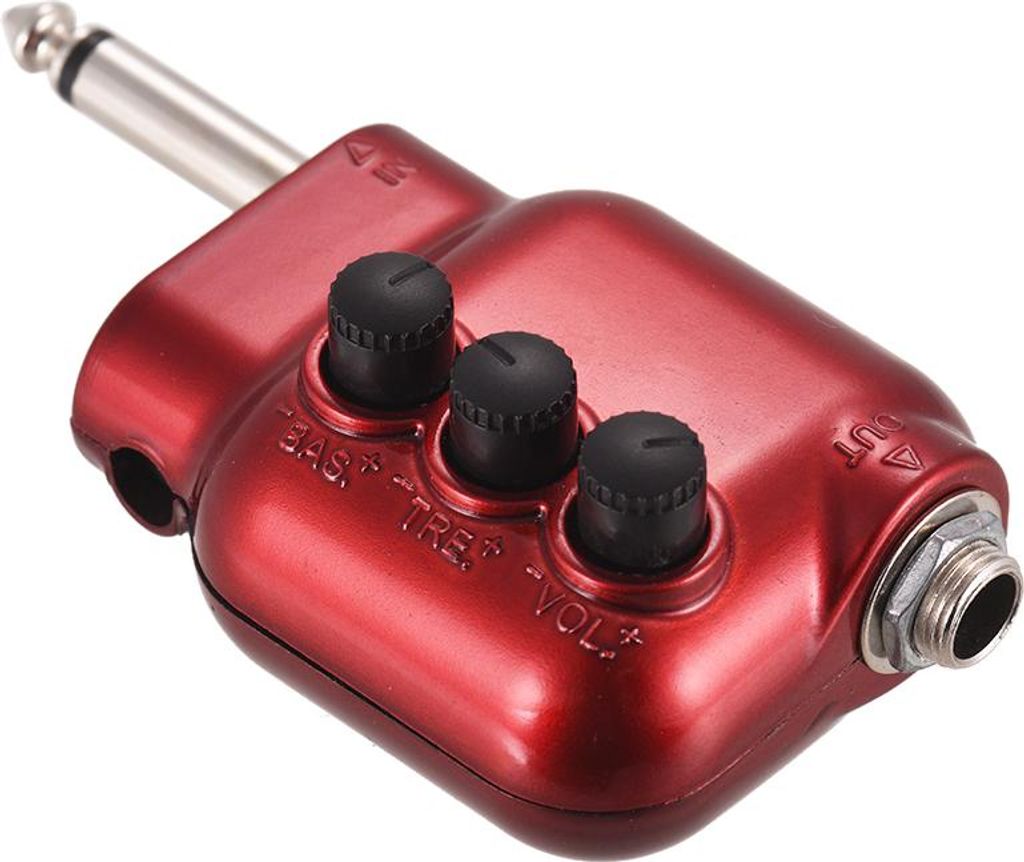 A red mini-preamplifier for an acoustic guitar, shown in isolation.