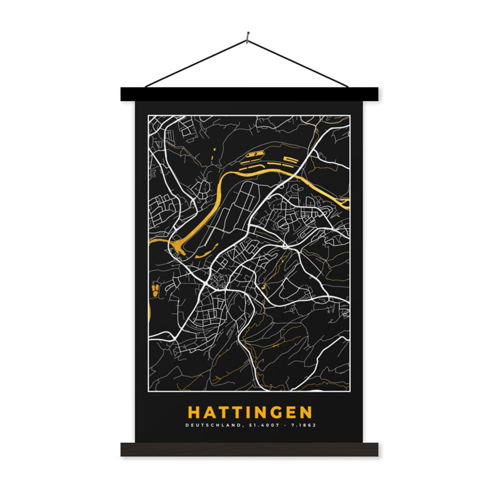 MuchoWow Textilposter Karte - Stadtplan - Hattingen - Deutschland - Gold 120x180 cm mit schwarzem Rahmen - Fotos