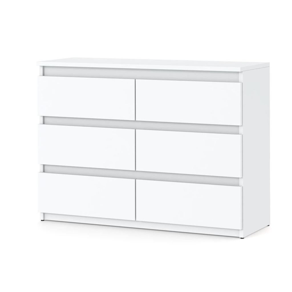 A white dresser with six drawers against a white background.