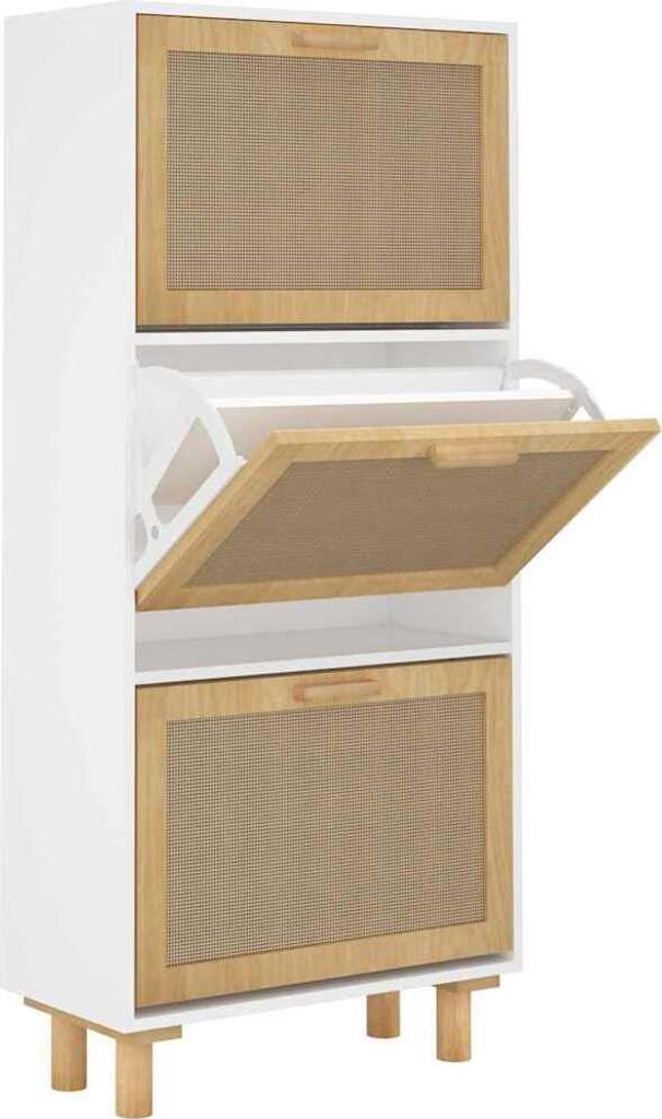 vidaXL Botník bílý 52x25x115 cm Dřevěný materiál a ratan Obrázek produktu 