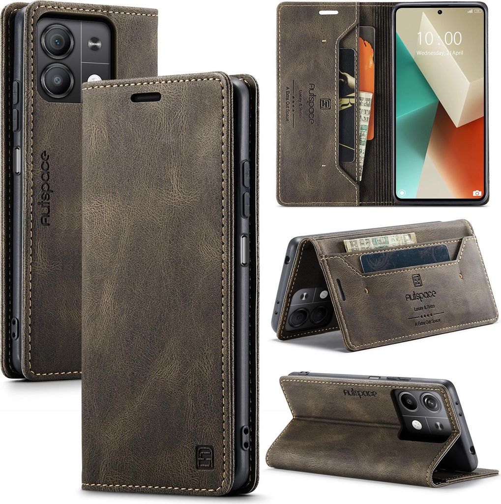 Hülle für Xiaomi Redmi Note 13 5G, Retro Kunstleder Tasche Kartenfächern und Ständer Schutzhülle Kaffee