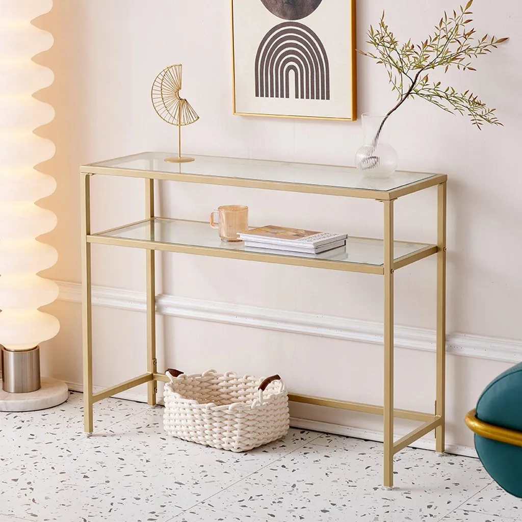 Table Console Gain de Place Dorée & Verre - Happyment 2 Niveaux