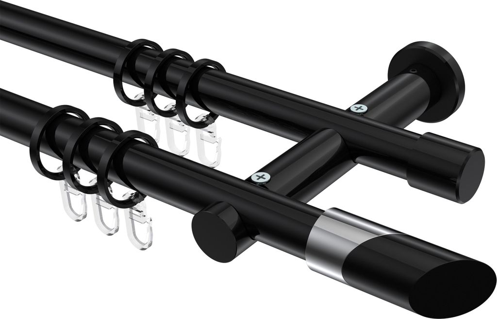 Interdeco Gardinenstange / Vorhangstange Schwarz, Typ Platon Verano (Schräge Bicolor), 20 mm Ø 2-läufig, 420 cm