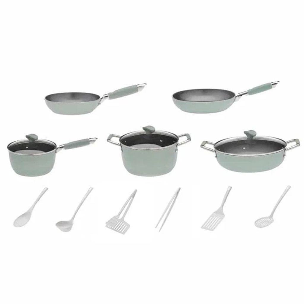-freies Primecook Pfannenset - Giulia - Antihaft Bratpfannen + Kochtopf + Stieltopf + Schmorpfanne - mit 3 Deckeln und Küchenzubehör - nachhaltig