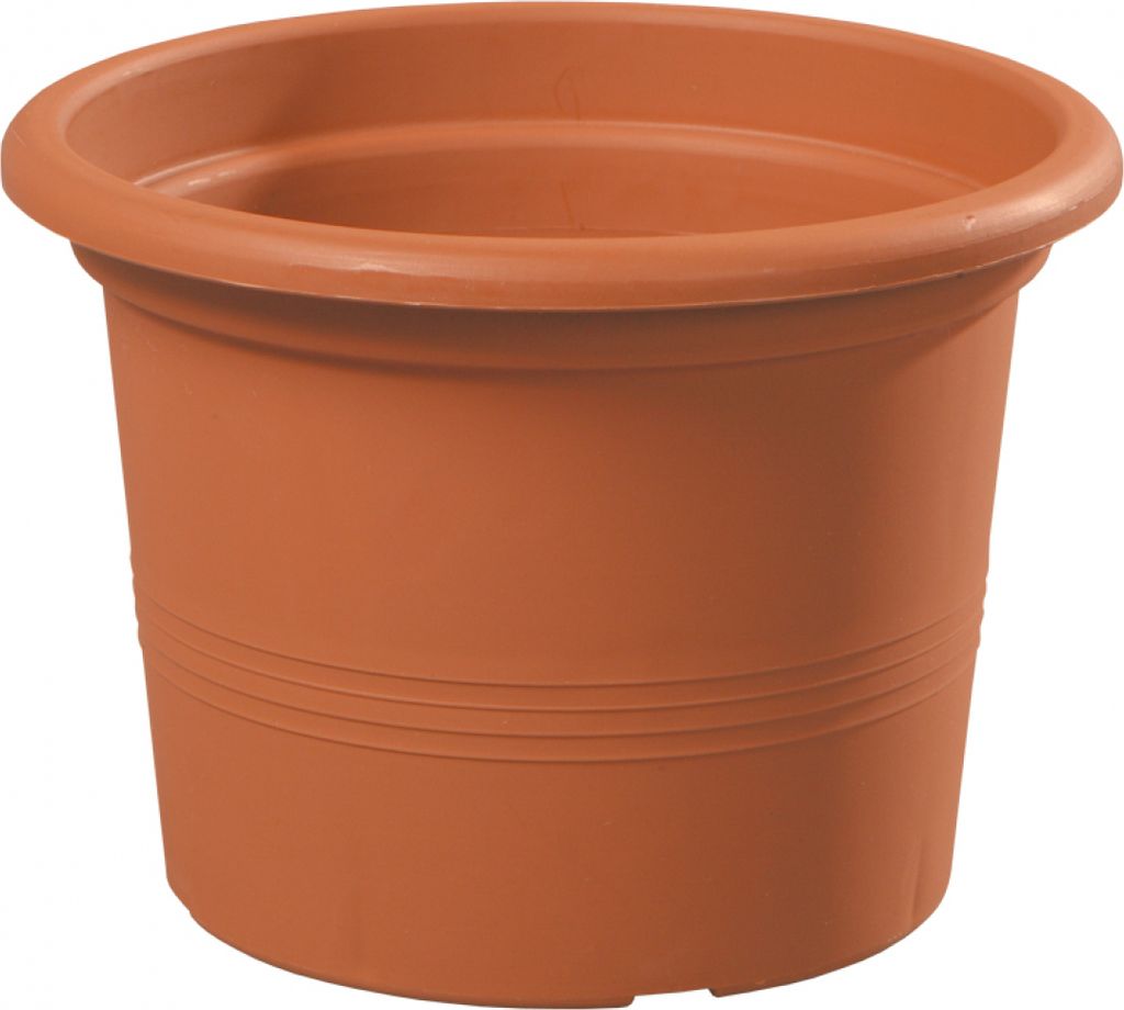A terracotta colored plastic plant pot on a white background.