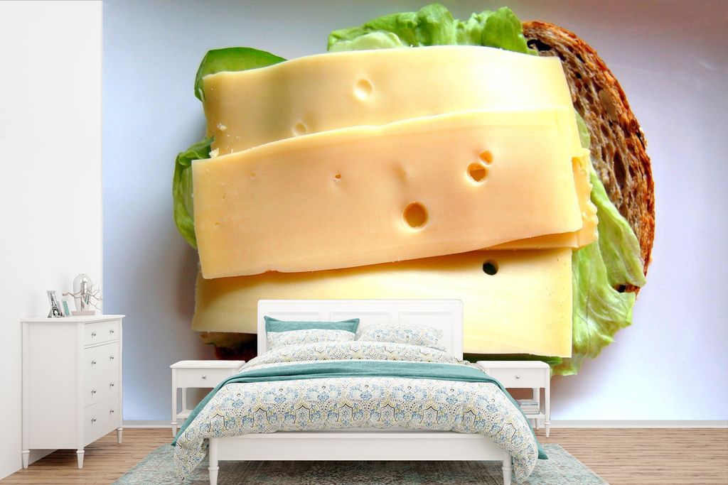 MuchoWow Fototapete für Wohnzimmer oder Schlafzimmer Wandtapete Vinyl Motivtapete Brot - Käse - Gouda - 450x300 cm - Gemusterte