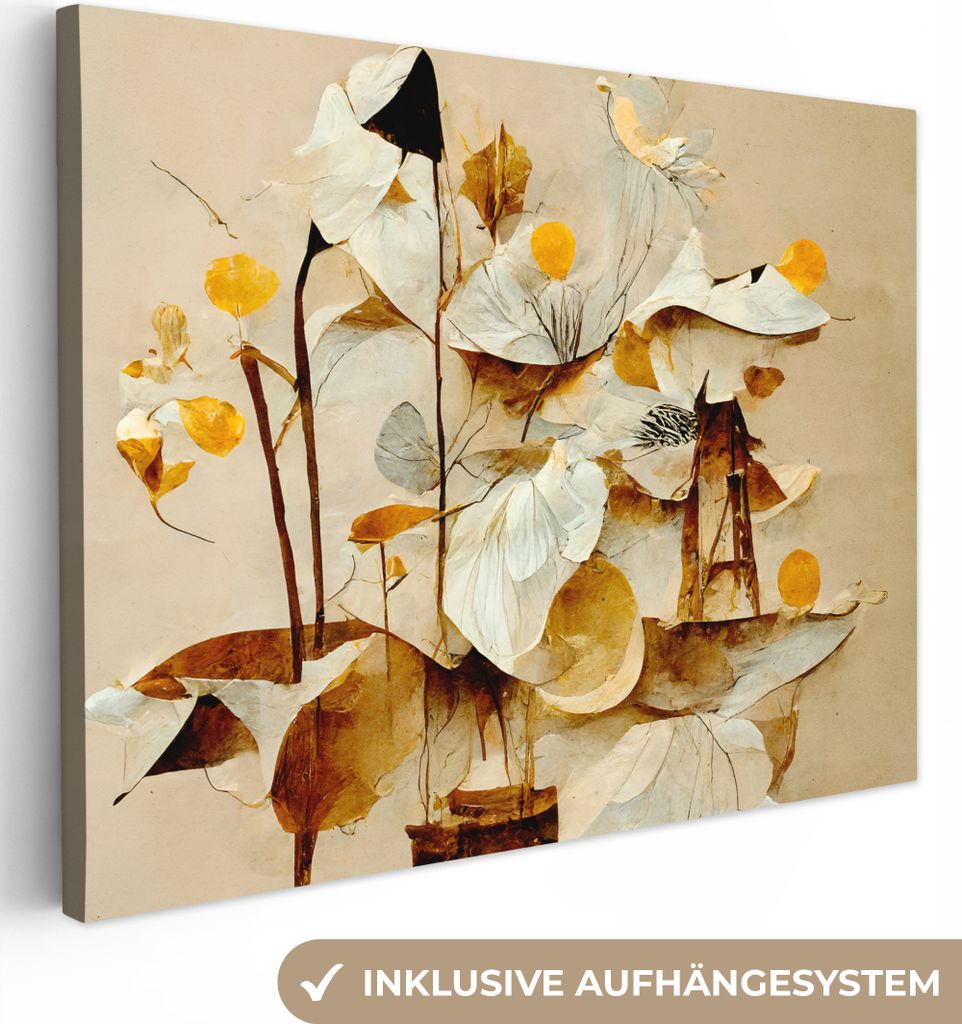 MuchoWow - Leinwandbilder - Blumen - Weiß - Pflanzen - Vintage, Wandbild, Wanddeko Bilder Wohnzimmer, 80x60 cm