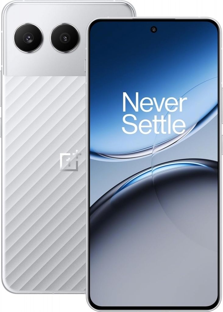 A silver smartphone is shown from the back and front, with the screen displaying a marketing message.