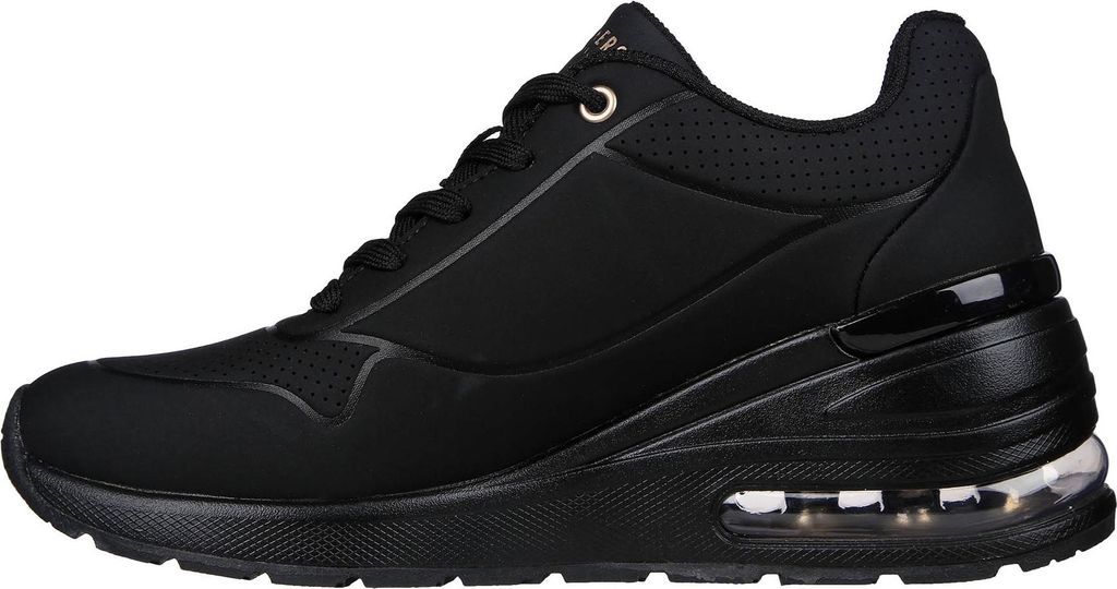 A side view of a black Skechers sneaker with a thick, elevated sole.