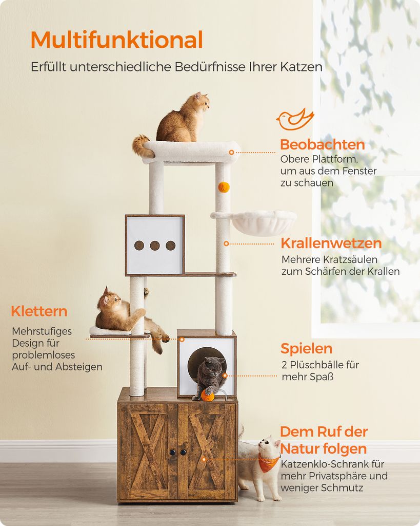 Feandrea Kratzbaum, mit Katzenklo-Schrank, 185cm, Produktbild 3