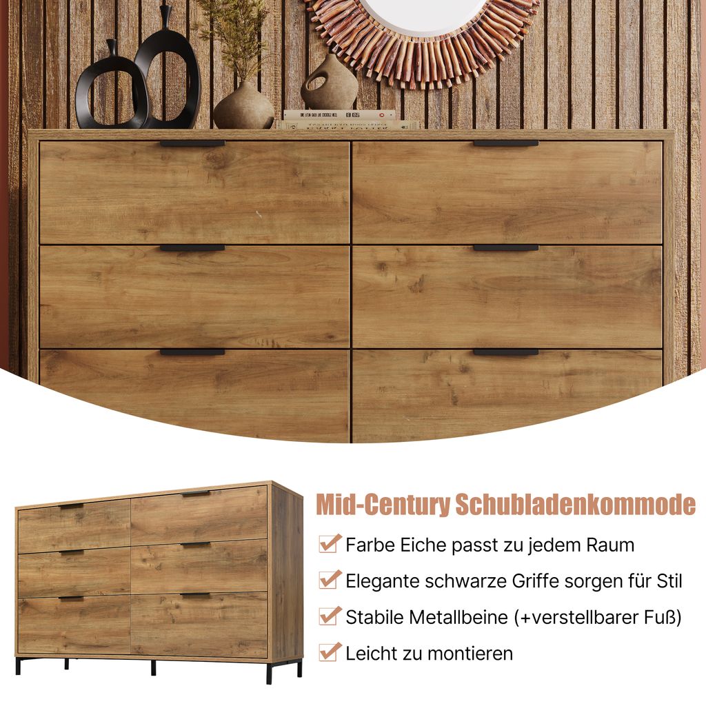 Komoda z 6 szufladami, regulowaną półką, dębowymi Zdjęcie produktu 4