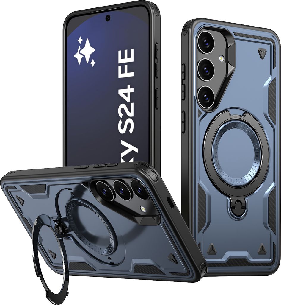 Dual Layer Hülle für Samsung Galaxy S24 FE Metall Ring Ständer Magnetisch Stoßfest Militär Handyhülle Blau