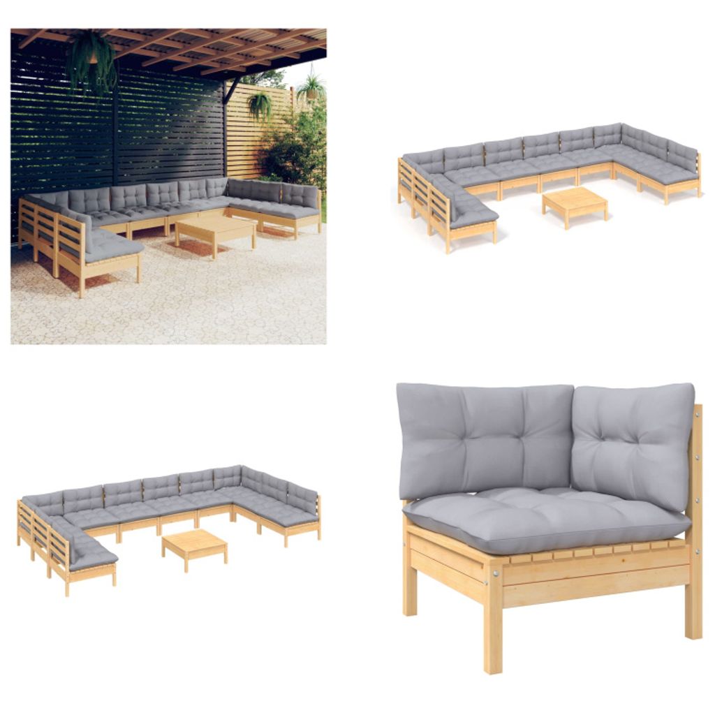 vidaXL 11 tlg. Garten Lounge Set mit Grauen Kissen Kiefer Massivholz - Garten-Lounge-Set - Garten-Lounge-Sets - Gartenmöbel-Set - Gartenmöbel-Sets