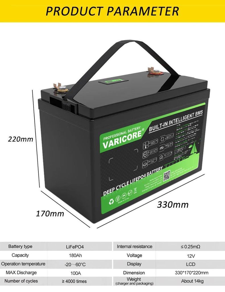 LiFePO4 Akku - 12,8V 180Ah Deep-Cycle-Batterie - 6000 Zyklen - LCD Anzeige - Solaranlage Wohnmobil Hausspeicher - 330×220×170mm