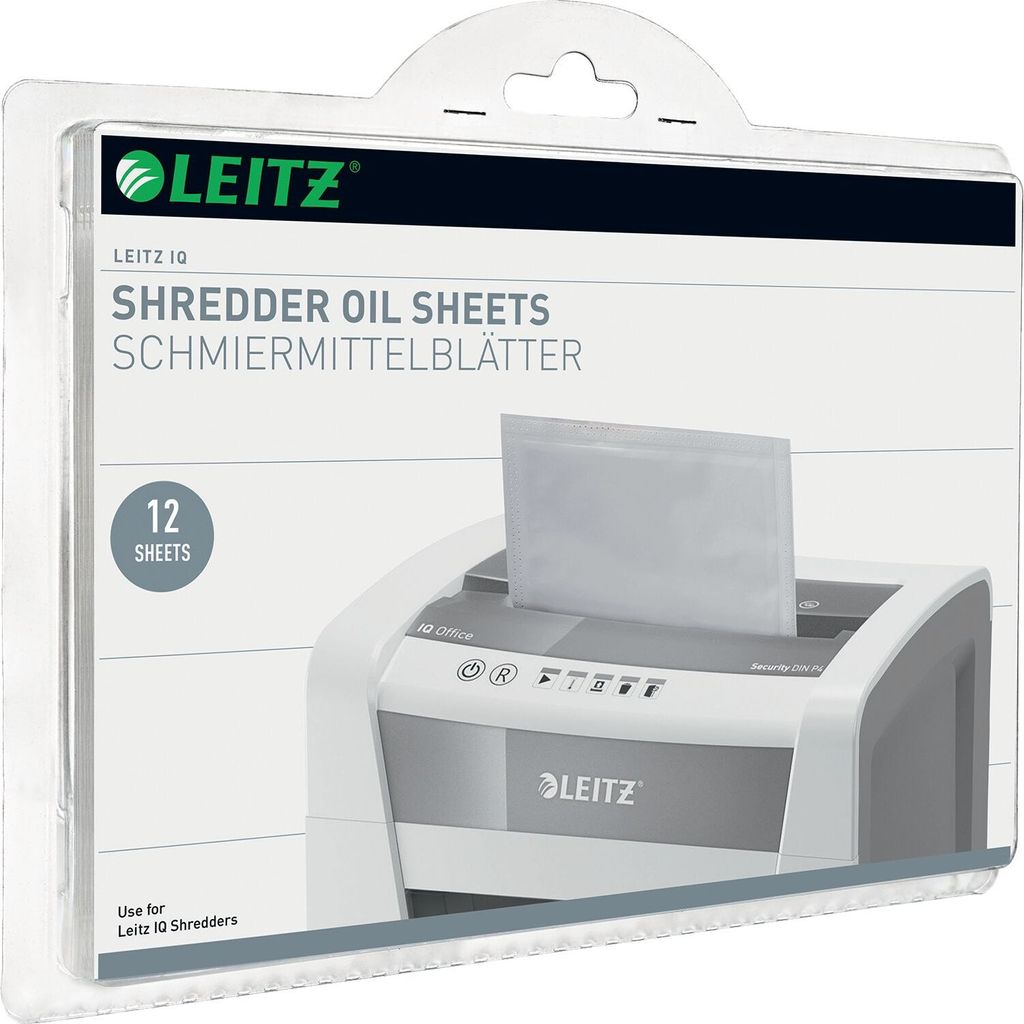 Packaging for Leitz IQ Shredder Oil Sheets.