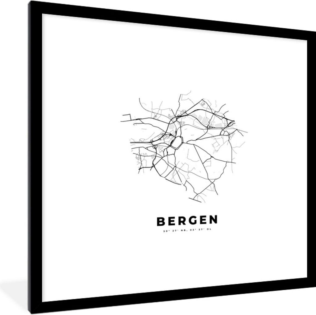 MuchoWow Gerahmtes Poster Stadtplan - Mons - Karte - Belgien - Schwarz und weiß 40x40 cm - Poster mit Schwarzem Bilderrahmen Wandposter Rahmen F...