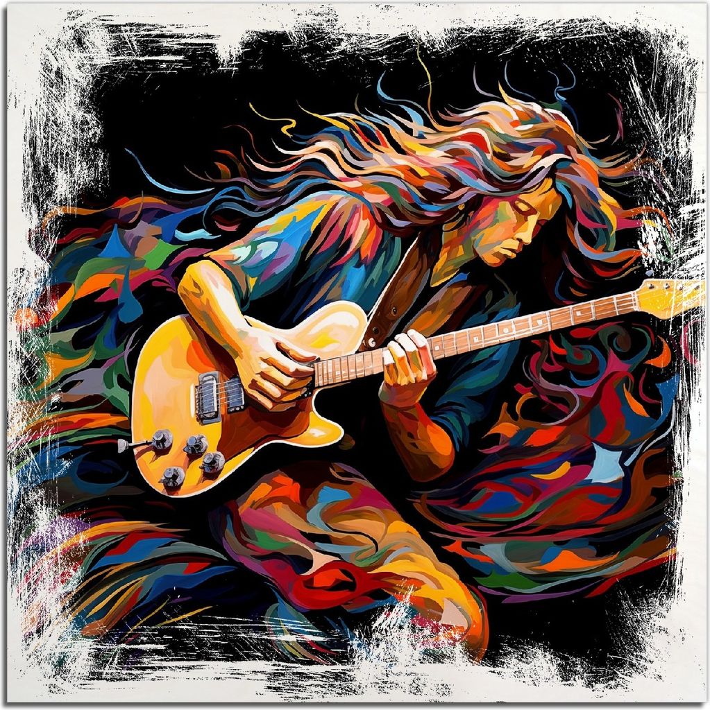 Kunstdrucke Wandbilder Holz in : Brillante Farben, Größe 50 x 50 cm Motiv Farbiges Gitarrenspiel