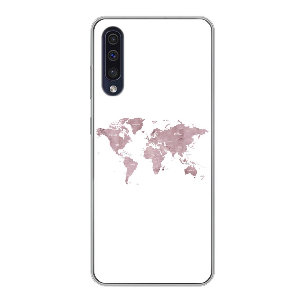 MuchoWow Handyhülle Schutzhülle Hülle für Samsung Galaxy A30s Weltkarte - Rosa - Weiß Silikon Softcase Handy Hülle - Karteninhaber