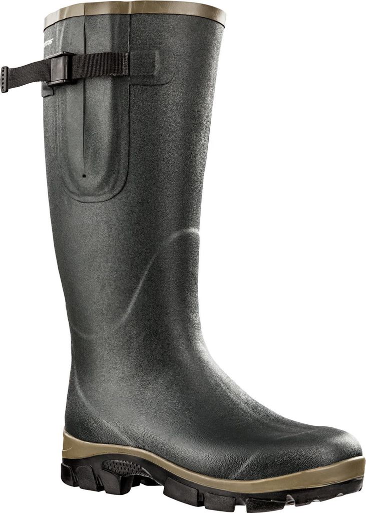 A single green rubber boot with a tan sole and black buckle strap.