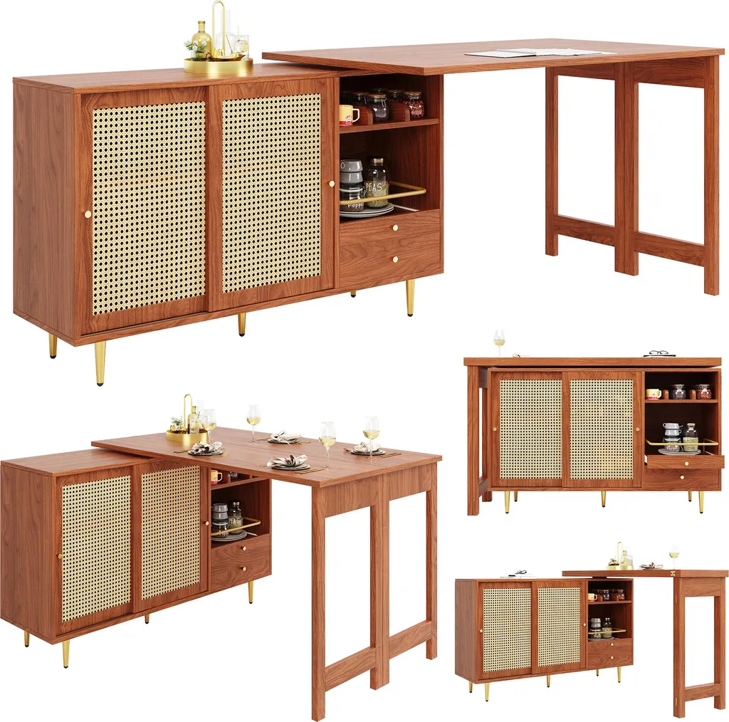 Table de bar extensible avec rangement en rotin et plateau orientable