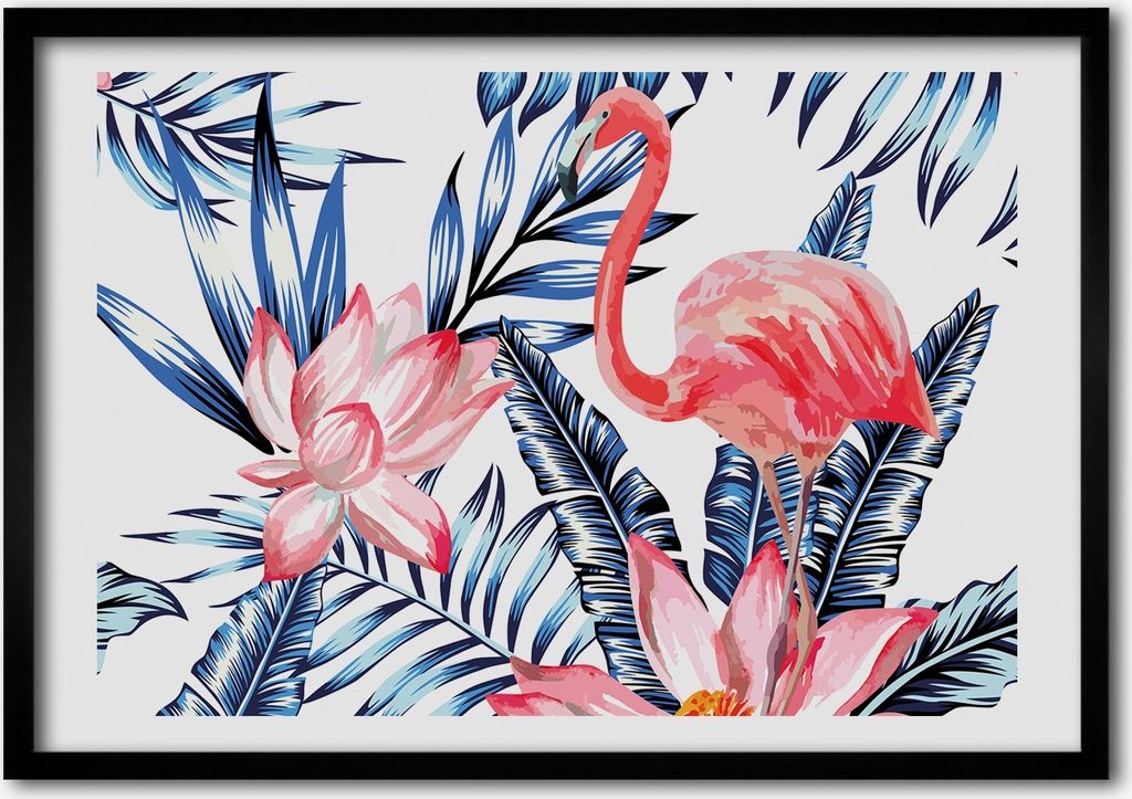 Bild - Bilderrahmen - 100 cm x 70 cm - MDF - Rahmen - Foto - Wandkunst Flamingos und Pflanzen