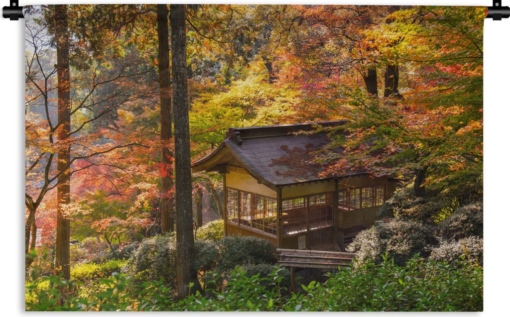 MuchoWow Wandteppich Wandbehang Japanische Ahornbäume an einem Pavillon im Wald 120x80 cm Tapisserie Dekoration Wandtuch - Wanddekorationen - Wa...