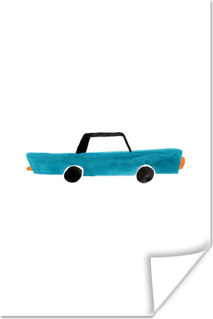MuchoWow Poster Kinder Illustration eines blauen Autos mit Gouache gemacht 20x30 cm - Papierdruck