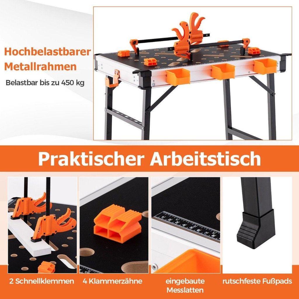 Arbeitstisch klappbar Werkbank mit 2 Schnellklemmen 3 Werkzeugkästen & Metallrahmen