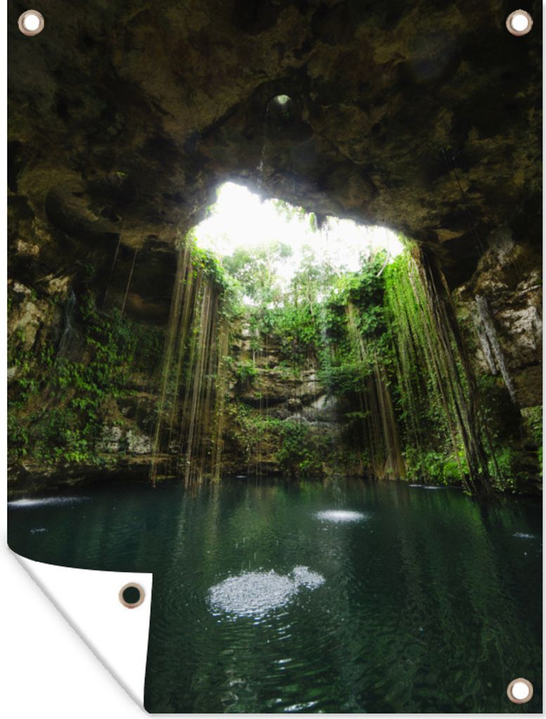MuchoWow 60x80 cm Outdoor-Poster Gartendeko Sichtschutz Garten Poster für den Garten Wasserhöhle in Yucatan mit Licht von oben und Lianen, Mexiko