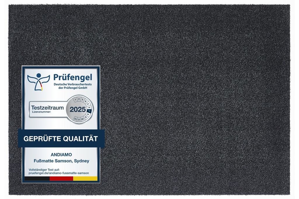 Baumwoll-Fußmatte in Anthrazit, ca. 100 x 150 cm, mit Testsiegel – Blattschuss.
