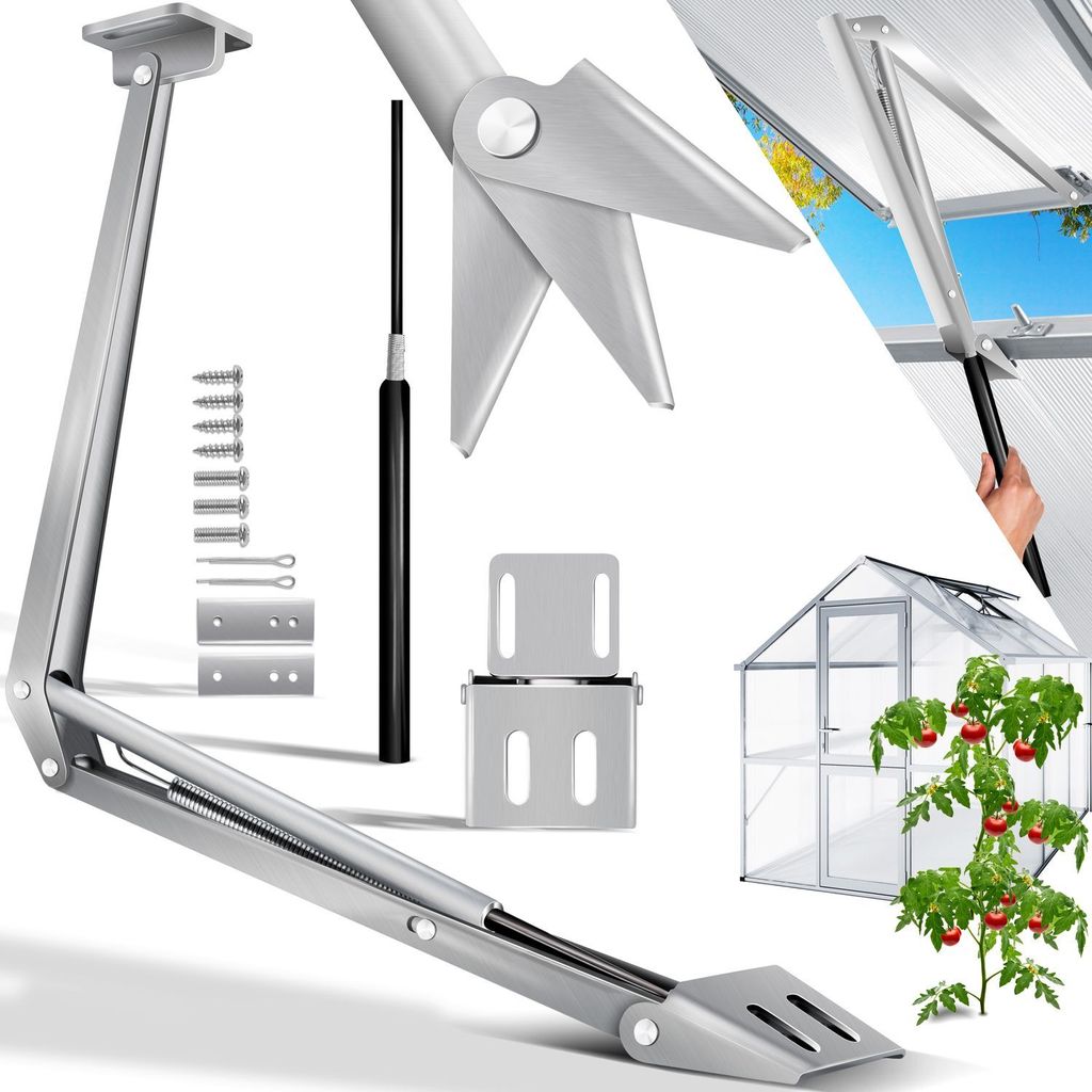 A collage of images showing an automatic greenhouse window opener, its components, and a greenhouse.
