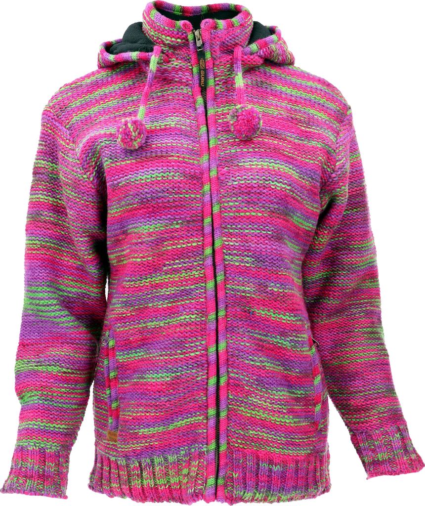 Kuschelige Gefütterte Strickjacke, Damenjacke, Wolljacke, Nepaljacke - Pink, Wolle, Größe: S