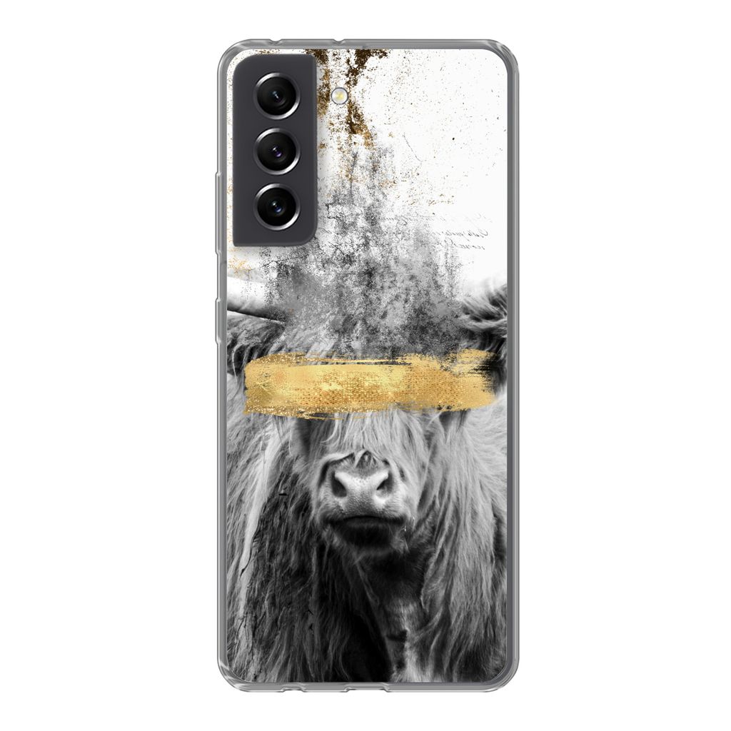 MuchoWow Handyhülle Schutzhülle Hülle für Samsung Galaxy S21 FE Schottischer Highlander - Gold - Abstrakt Silikon Softcase Handy Hülle - Mob...