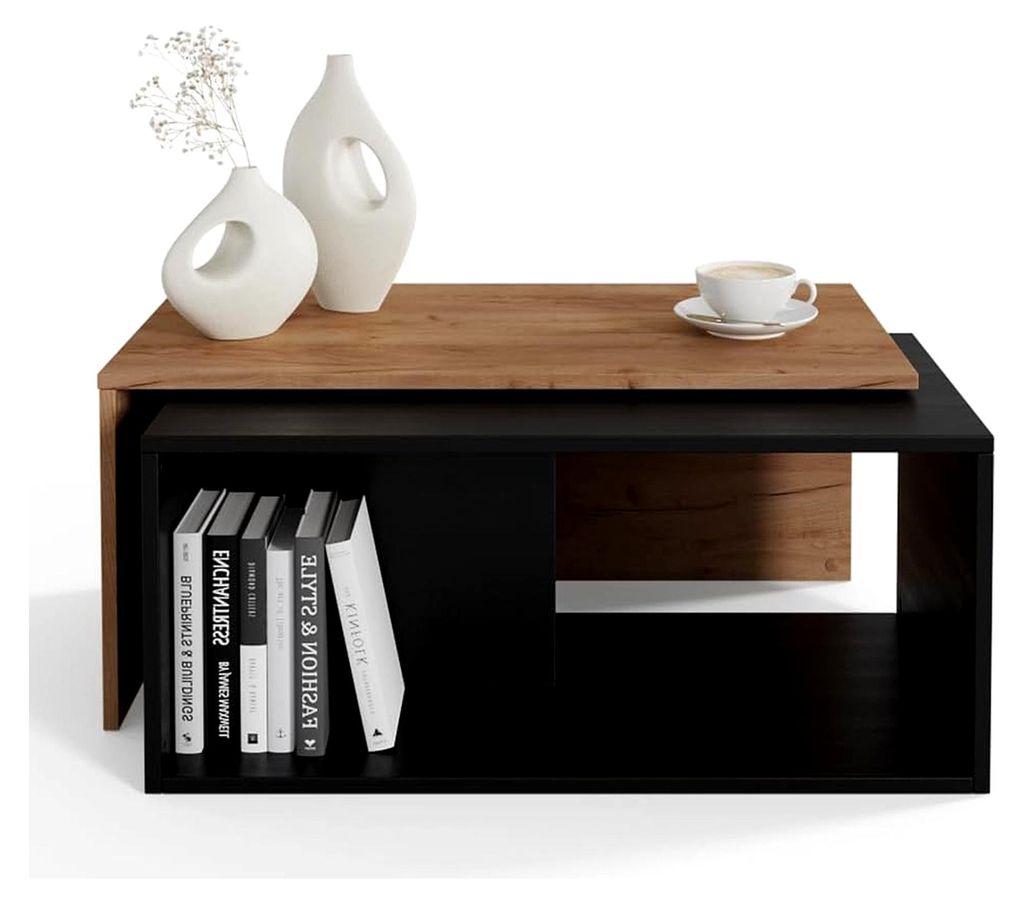 Couchtisch 2er Set 90x48x40 cm, moderner Wohnzimmertisch mit Stauraum, Satztisch (Eiche/Schwarz)